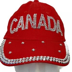 Women’s Solid Red Graphic “CANADA” Baseball Cap Hat w/Shiny Pointy Silver Studs